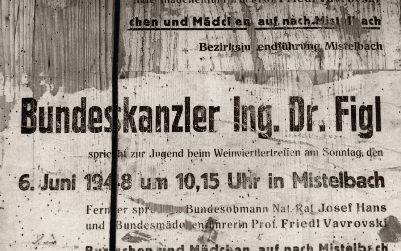 Ankündigung der großen Kundgebung der Österreichischen Jugendbewegung (Vorläufer der Jungen Volkspartei) am 6. Juni 1948