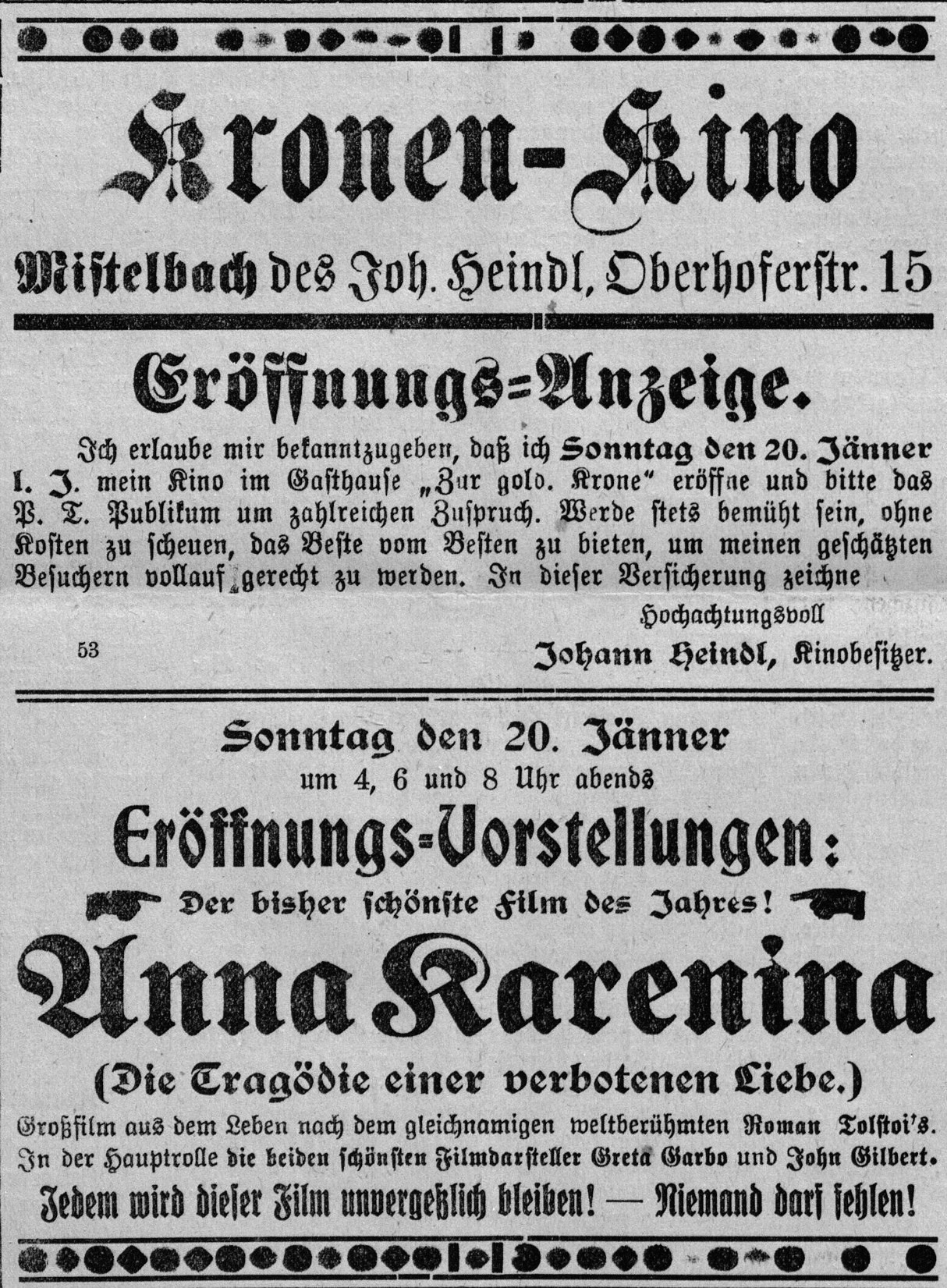 Eröffnungsanzeige und Ankündigung der Eröffnungsvorstellung am 20. Jänner 1929 im Mistelbacher Bote (Nr. 3/1929, S. 6)