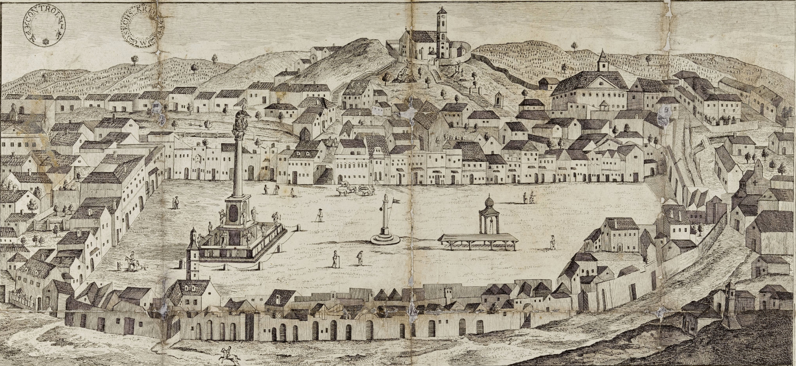 Eine der bekanntesten und gleichzeitig die detaillierteste überlieferte historische Ansicht Mistelbachs aus der Zeit Ende des 18. Jahrhunderts (Bildausschnitt aus den Beständen des Wiener Stadt- und Landesarchivs)