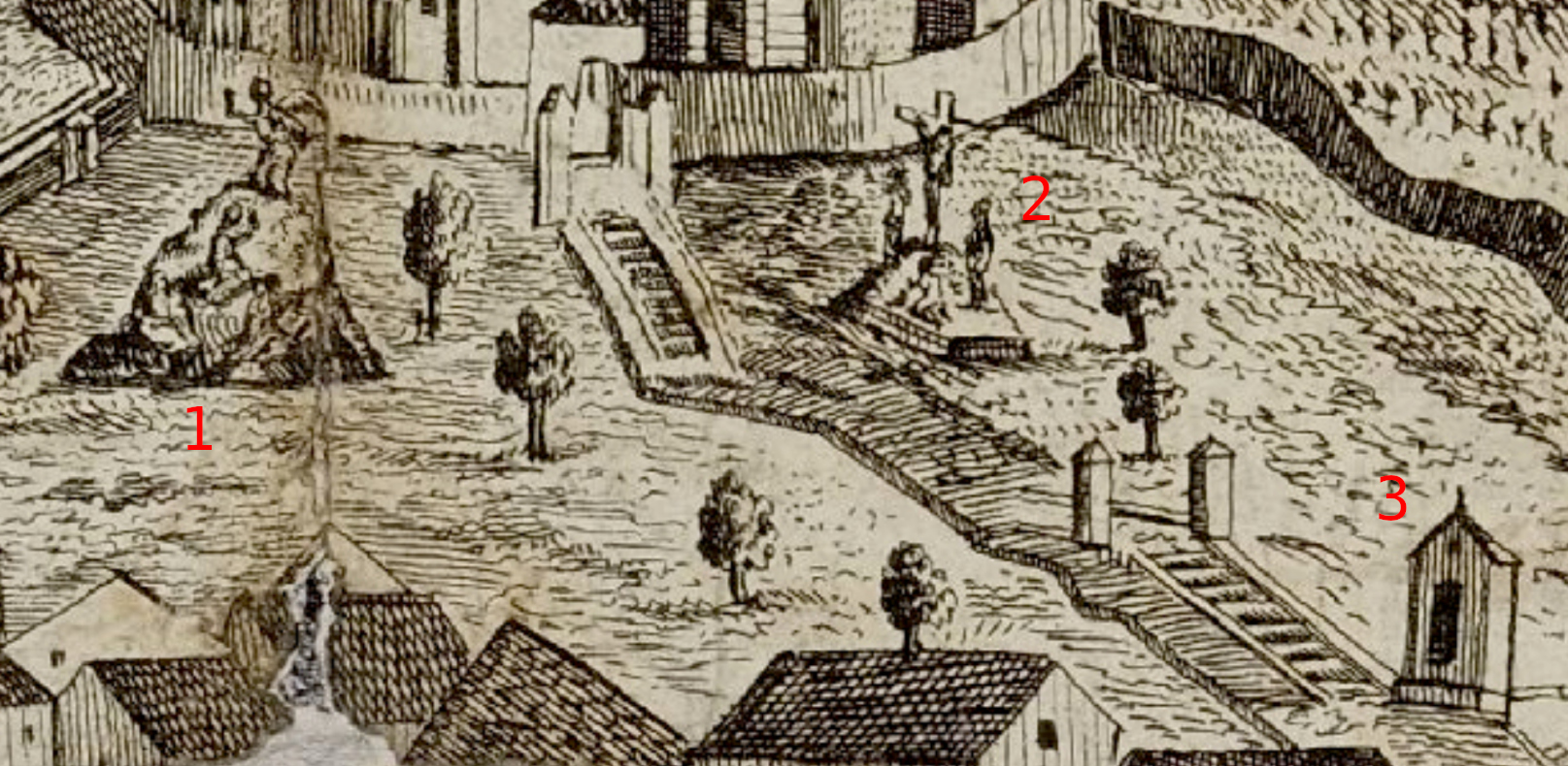 Kleindenkmäler auf dem Kirchenberg: Ölberggruppe (1), Kreuzigungsgruppe (2), Kapelle der heiligen Familie an der Pfarrstiege (3)