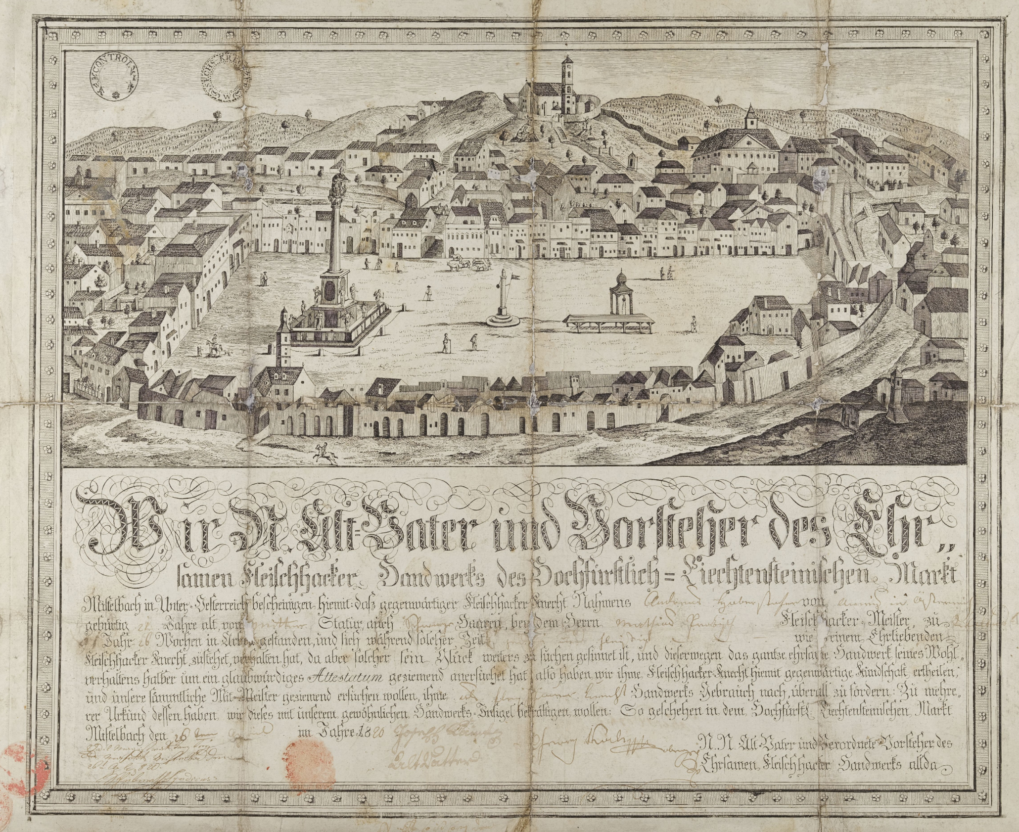 Eine Handwerkskundschaft der Mistelbacher Fleischhauerzunft aus dem Jahre 1820, die sich in den Beständen des Wiener Stadt- und Landesarchivs erhalten hat - Originalformat: ca. 40 x 50 cm