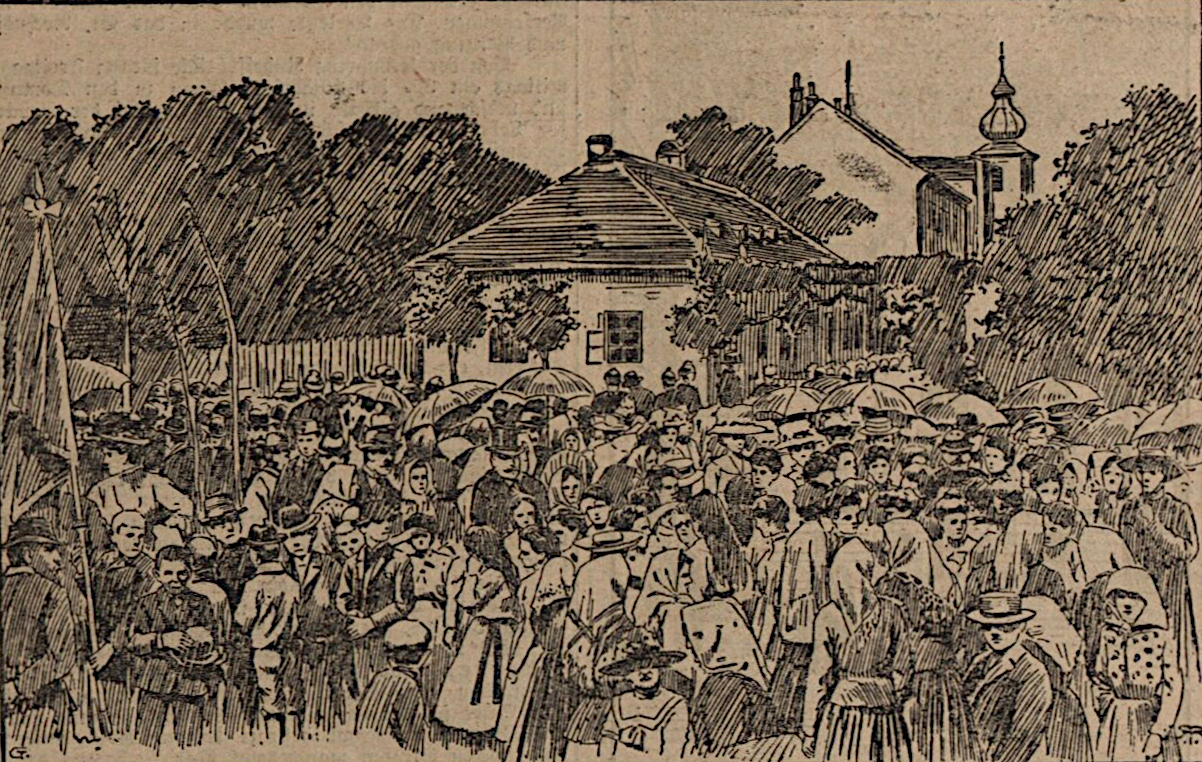 Festlichkeit anlässlich der Gründung der Frättingsdorfer Feuerwehr. Im Hintergrund Kirche und Schulgebäude gut erkennbar